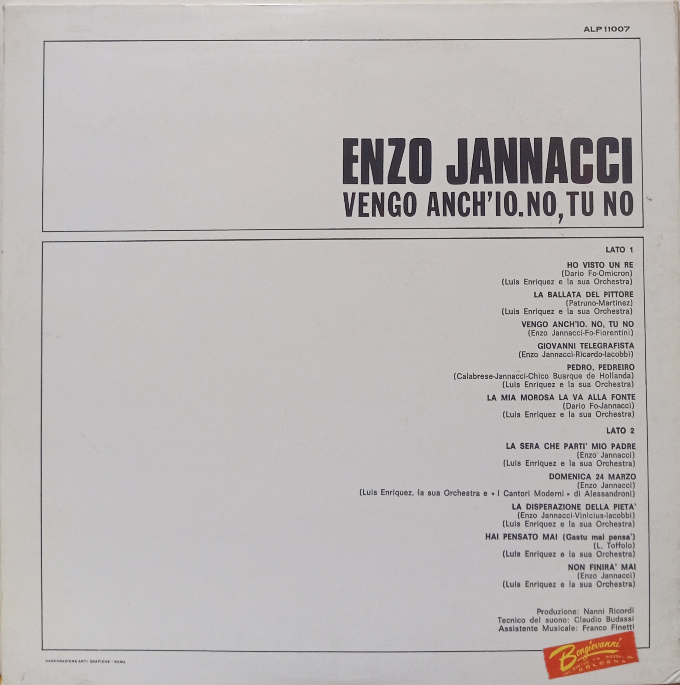 ENZO JANNACCI VENGO ANCH'IO NO TU NO - 1°st ITALY UOMINI ITALIANI LP