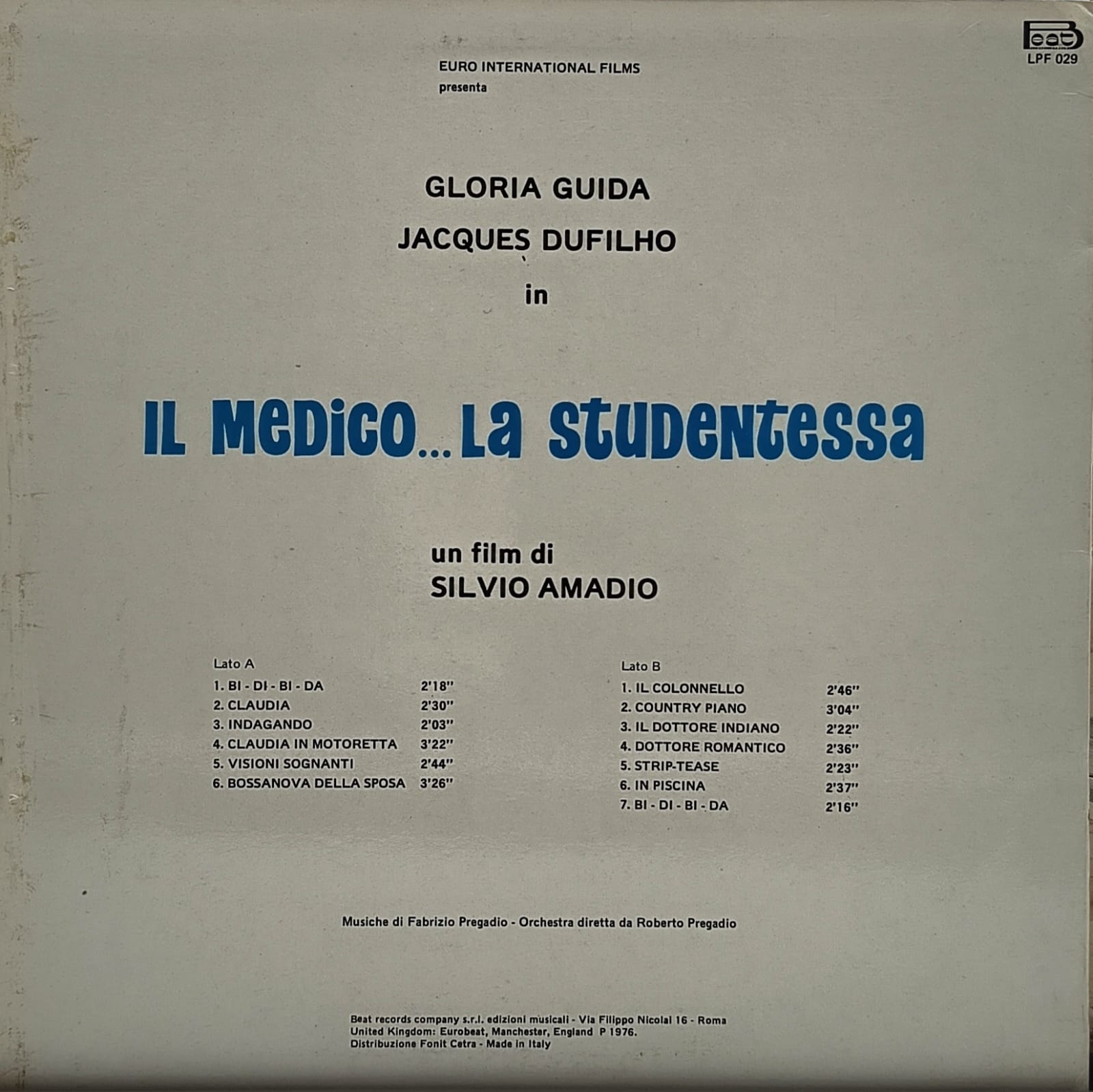 Fabrizio Pregadio ‎– Il Medico... La Studentessa (Colonna Sonora Originale Del Film) soundtrack lp