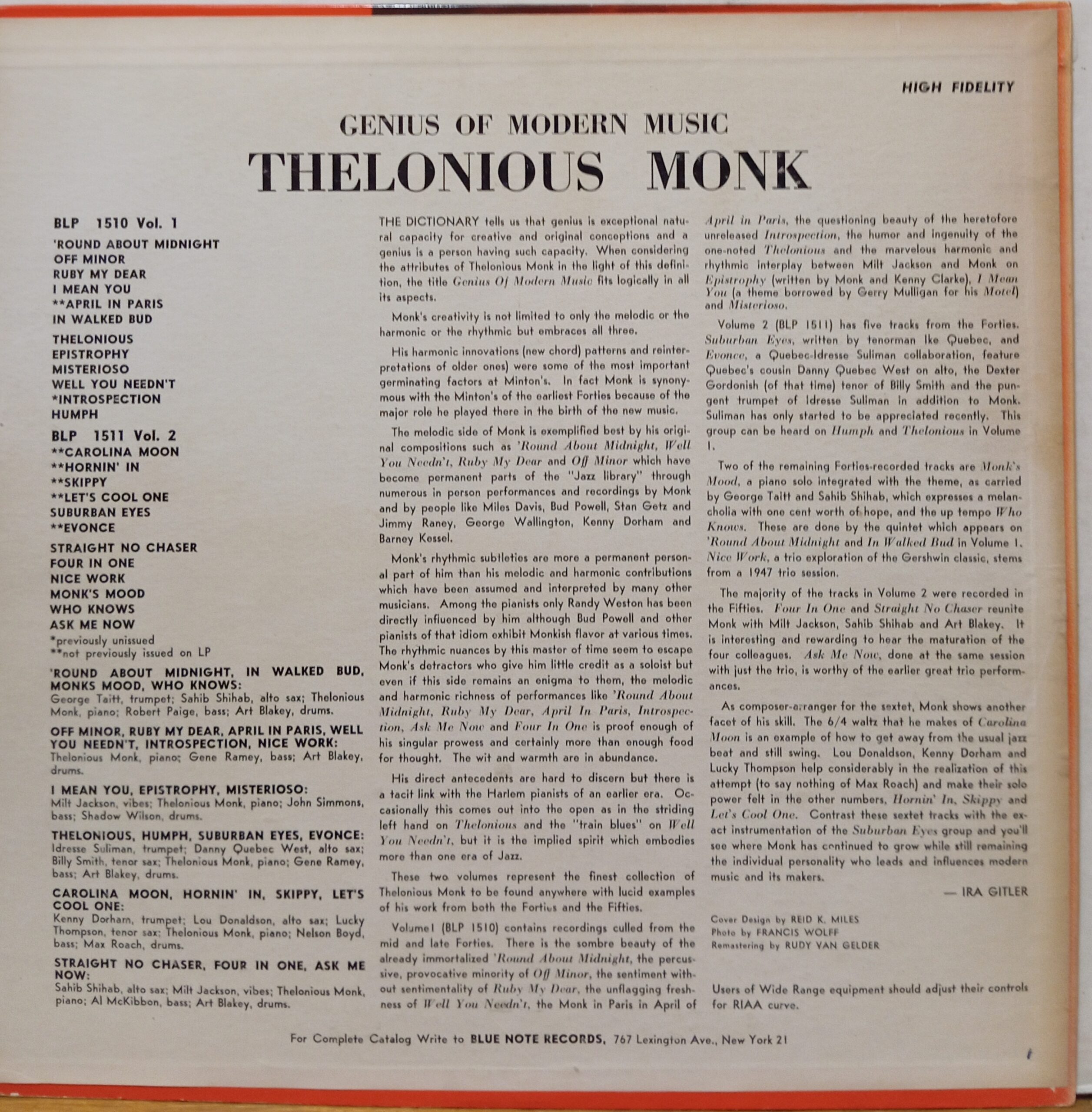 THE LONIOU MONK GENIUS OF MODERN MUSIC VOLUME 2 - 1°st USA Mono "Ear" JAZZ LP