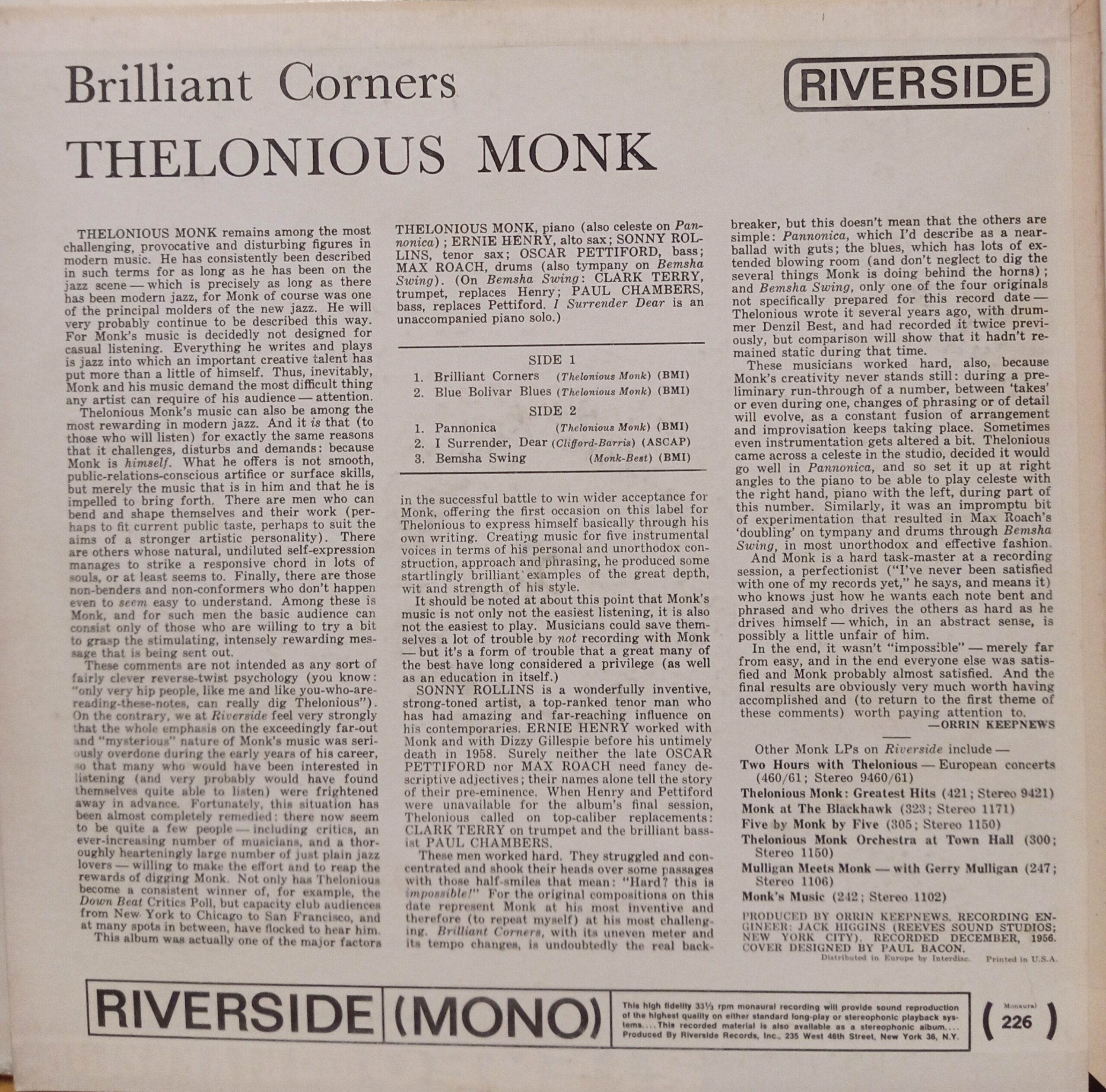 THELONIOUS MONK BRILLIANT CORNERS - REISSUE USA JAZZ LP