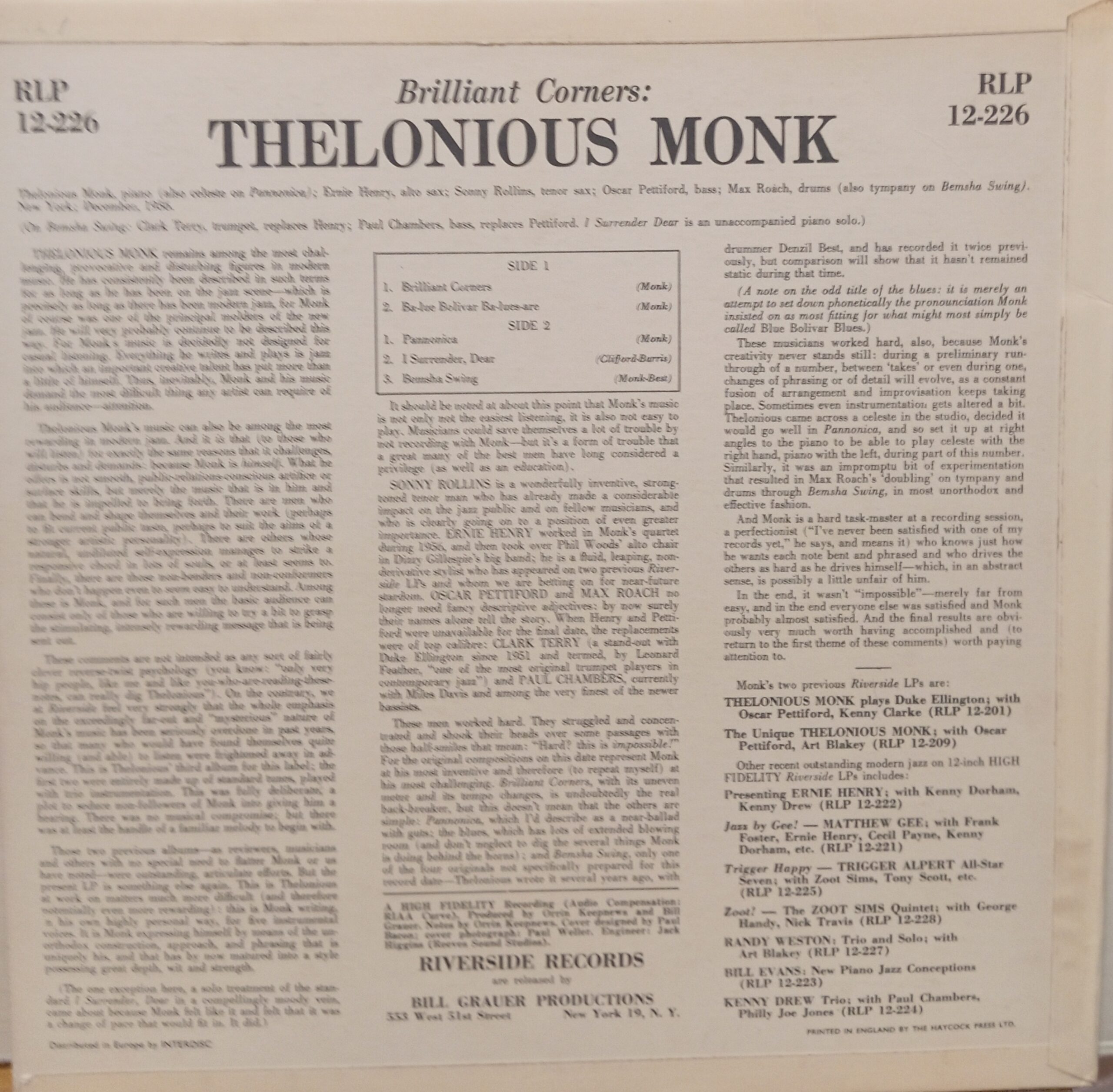 THELONIOUS MONK BRILLIANT CORNERS - REISSUE UK jazz lp